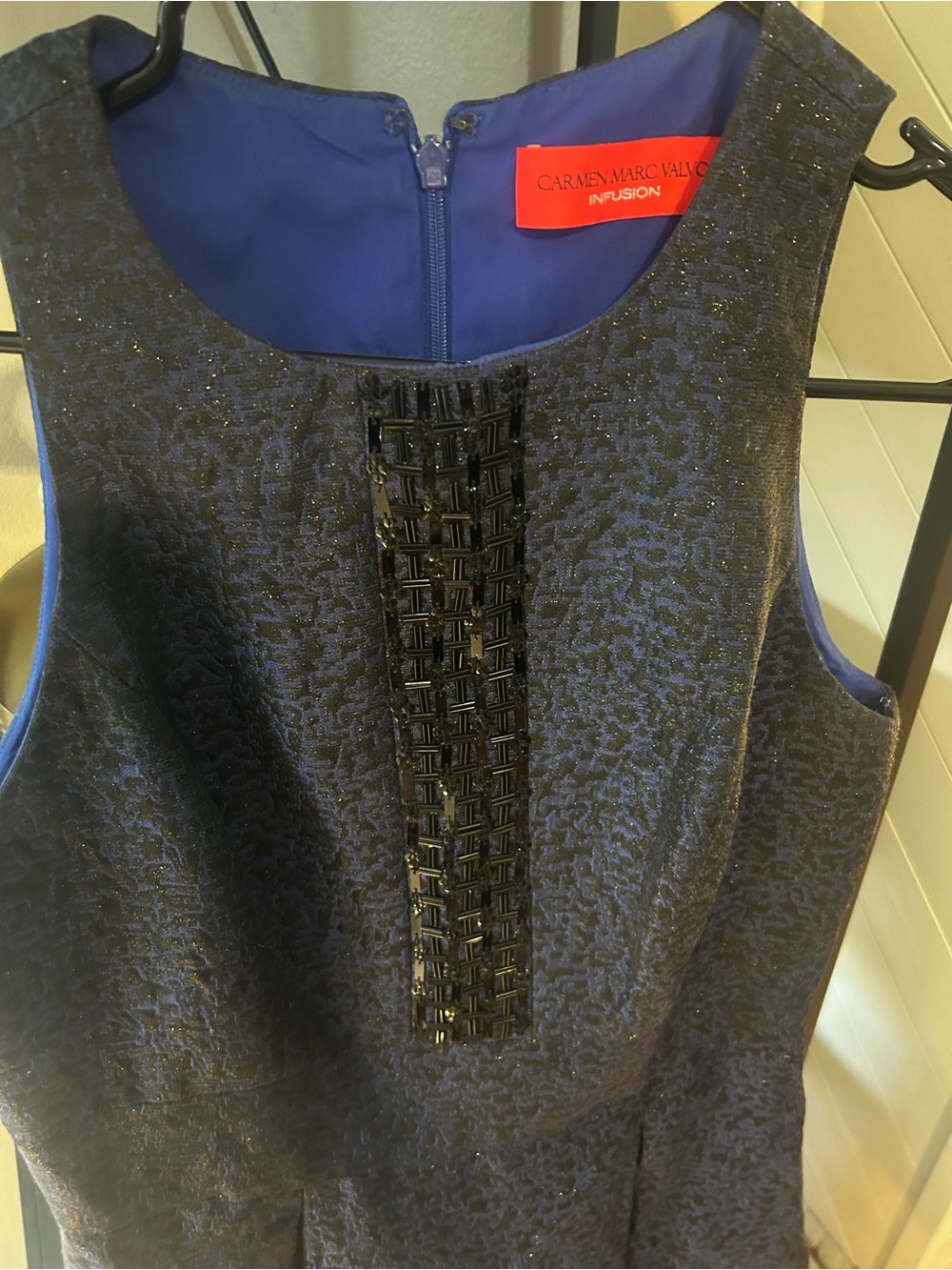 Carmen Marc Valvo Navy Textured Cocktail Dress with Beaded Placket - Picture 4 of 5